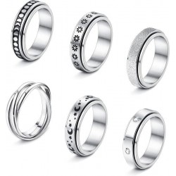 6Pcs Stainless Spinner Rings Set For Women Mens CZ Matte Flower Triple Interlocked Rolling Stress Relieving Ring Anxiety Relief Fidget Band Rings